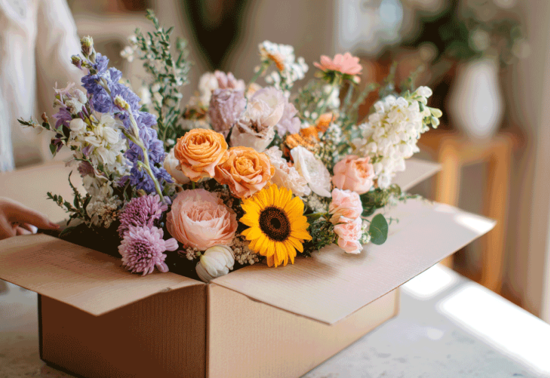 Mittlere Einstellung einer kuratierten Blumen-Abo-Box, die ausgepackt wird und eine sorgfältig zusammengestellte Mischung aus saisonalen Blumen in einer hellen, stilvollen Umgebung präsentiert.